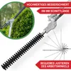 Close-up of a hedge trimmer attachment with marketing text overlays. Produktbild-Vorschau