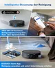Collage showing a robot vacuum cleaner, a person using a smartphone, and a diagram of a home layout with the robot vacuum. Produktbild-Vorschau