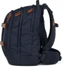 Side view of a navy blue backpack with brown leather accents. Podgląd zdjęcia produktu