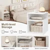 A bedroom scene with a nightstand next to a bed, and close-up shots of the nightstand's features. Produktbild-Vorschau