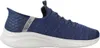 A side view of a blue Skechers slip-on shoe with a speckled white sole. Produktbild-Vorschau