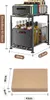 A product image showing a two-tier cabinet organizer with dimensions and a separate image of a cardboard box with dimensions. Produktbild-Vorschau