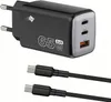 A black GaN charger with two USB-C ports and one USB-A port, along with two USB-C cables. Podgląd zdjęcia produktu