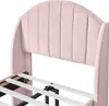 Close-up of a pink upholstered bed frame headboard and slats. Náhľad obrázku produktu