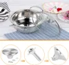 A stainless steel pot lid knob and its assembly components are shown in three separate circular frames below a main image of a stainless steel pot with a glass lid. Produktbild-Vorschau