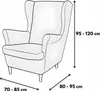 A line drawing of an armchair with dimensions indicated by arrows and text. Podgląd zdjęcia produktu