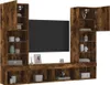 A wooden TV stand with shelves and cabinets, featuring a black screen in the center. Náhľad obrázku produktu