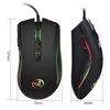 Two views of a black gaming mouse with colorful LED lighting and dimensions indicated. Produktbild-Vorschau