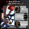 A person cycling while wearing a smartwatch, with feature callouts for heart rate, blood oxygen, and blood pressure. Produktbild-Vorschau