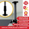 A close-up view of a balcony awning support pole attached to a ceiling, with marketing text highlighting features. Produktbild-Vorschau