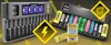 A collage of battery chargers and batteries, with graphic overlays. Voir les images du produit
