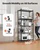 A woman is pushing a black metal shelving unit in a kitchen or pantry setting. The shelving unit is filled with kitchen appliances and cookware. There are text overlays highlighting features like "Smooth Mobility on All Surfaces", "200 lbs.", "Swivel Caste Produktbild-Vorschau