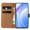 A brown flip case for a smartphone, showing credit cards and banknotes inside. Produktbild-Vorschau