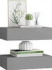 Two gray floating shelves are displayed against a white background. The top shelf holds a framed picture of a plant, a potted cactus, and a diffuser with reeds. The bottom shelf displays two books and a white decorative vase. Produktbild-Vorschau