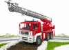A toy fire engine with a ladder extended, set against a white background with some green and brown landscaping elements. Náhled obrázku produktu