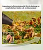 A leaf blower is shown being used to clear leaves from a grassy area, with a close-up inset of a hand holding the blower. Produktbild-Vorschau