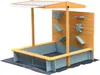 A wooden sandbox with a canopy and water play features. Produktbild-Vorschau