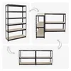 Collage showing different configurations of a black metal shelving unit with tan shelves. Produktbild-Vorschau