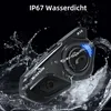 A black motorcycle helmet communication device is shown with water splashing around it, highlighting its waterproof feature. Produktbild-Vorschau