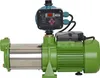 A green and silver water pump with a blue control unit on top, set against a white background. Produktbild-Vorschau
