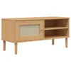 A wooden TV stand with a rattan-effect door and open shelving. Podgląd zdjęcia produktu