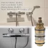 A collage of images showing a thermostatic shower mixer, its internal cartridge, and technical specifications. Produktbild-Vorschau