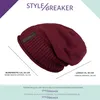 A burgundy beanie is shown with measurement indicators and brand text. Produktbild-Vorschau