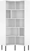 A white corner bookshelf with black legs against a white background. Produktbild-Vorschau