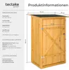 A diagram and information panel next to a wooden garden shed. Produktbild-Vorschau