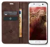 A brown leather flip case for a Samsung Galaxy S7 edge phone, with cards and cash inserted. Produktbild-Vorschau