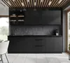 A modern black kitchen setup with overhead cabinets, countertop, and backsplash. Produktbild-Vorschau
