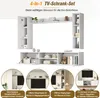 A modular white TV stand and shelving unit with various compartments and display areas, presented with illustrative callouts highlighting different storage options. Produktbild-Vorschau