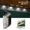A row of solar lights illuminating a wooden beam, with a close-up of one light and the brand logo. Produktbild-Vorschau