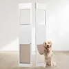 Two white sliding glass doors for pets are shown, with a golden retriever sitting in front of one of them. Produktbild-Vorschau