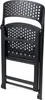 A black folding chair is shown from the front in a folded position. Produktbild-Vorschau