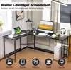 A black L-shaped desk with a computer, laptop, lamp, and headphones. Náhled obrázku produktu