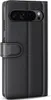 A black leather flip case for a smartphone is shown against a white background. Produktbild-Vorschau