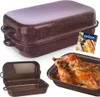A collage of images showing a brown speckled roasting pan with a lid, an open roasting pan, and a roasted chicken in a roasting pan. Produktbild-Vorschau