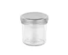 A clear studio shot of a small glass jar with a silver lid, isolated on a white background. Produktbild-Vorschau