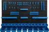 A black pegboard wall organizer with numerous blue storage bins and holders. Náhled obrázku produktu