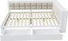 A white bed frame with a beige upholstered headboard and two open drawers underneath. Náhled obrázku produktu