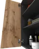 An open bathroom cabinet with wooden doors and shelves containing toiletries and towels. Voir les images du produit