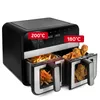 A dual-chamber air fryer is shown with food in each chamber, and temperature indicators displayed. Podgląd zdjęcia produktu