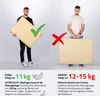 Two men are shown with massage tables, one holding a lighter table with a checkmark and the other holding a heavier table with a cross mark. Text below compares the weights and transportability of the two tables. Produktbild-Vorschau
