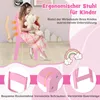 A young girl is sitting on a pink chair, holding teddy bears. The image highlights the chair's ergonomic features for children. Anteprima dell’immagine prodotto