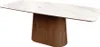 A modern dining table with a white marble-effect ceramic top and a wooden pedestal base. Produktbild-Vorschau