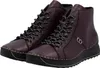 A pair of burgundy lace-up ankle boots with black soles and white stitching. Produktbild-Vorschau