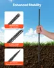 A hand holding a ground anchor stake, with close-up views of its features and text overlays. Podgląd zdjęcia produktu