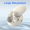 A pair of cream-colored wireless earbuds and their charging case are displayed against a light blue and white gradient background with wavy patterns. Produktbild-Vorschau
