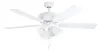 A white ceiling fan with five blades and three lights. Produktbild-Vorschau